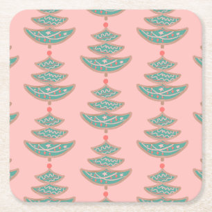 Modern vintage Christmas tree pattern on peach Square Paper Coaster