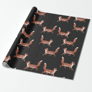 Modern Vintage Cute Red Fox Pattern on Black Wrapping Paper
