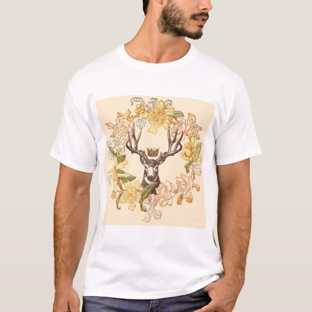 Modern Vintage Deer Rustic Pink flower T-Shirt (Front)