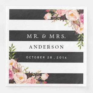 Modern Vintage Floral Black White Stripes Wedding Napkin