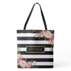 Modern Vintage Floral Classic Black White Stripes