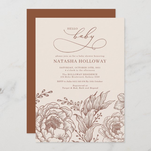 Modern Vintage Floral Terracotta Baby Shower Invitation (Front/Back)