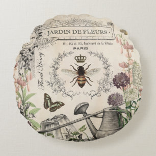 Modern Vintage French Bee garden Round Cushion
