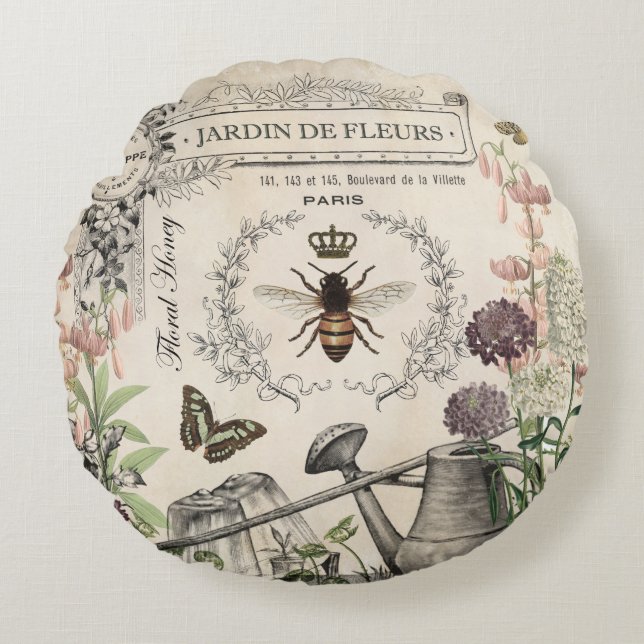 Modern Vintage French Bee garden Round Cushion (Front)