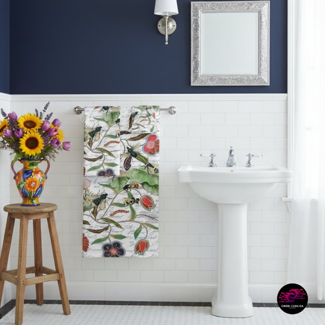 Modern Vintage French Bees & Flowers Bath Towel Set (French Script Botanical Bee bath towels — vintage charm that turns your bathroom into a statement.)