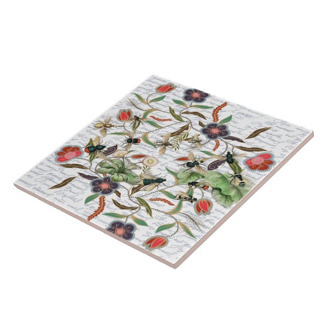 Modern Vintage French Bees & Flowers Ceramic Tile (Side)