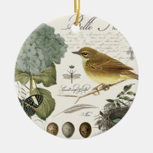 modern vintage French bird and nest Ceramic Tree Decoration