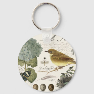 modern vintage French bird and nest Key Ring
