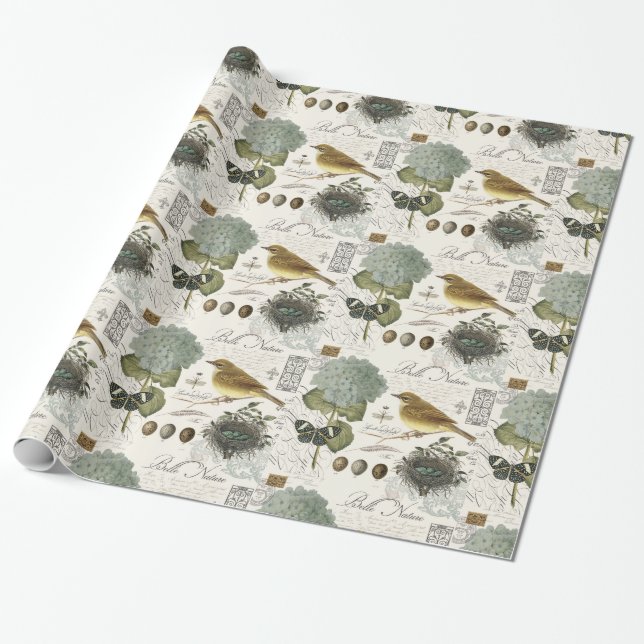 modern vintage French bird and nest Wrapping Paper (Unrolled)