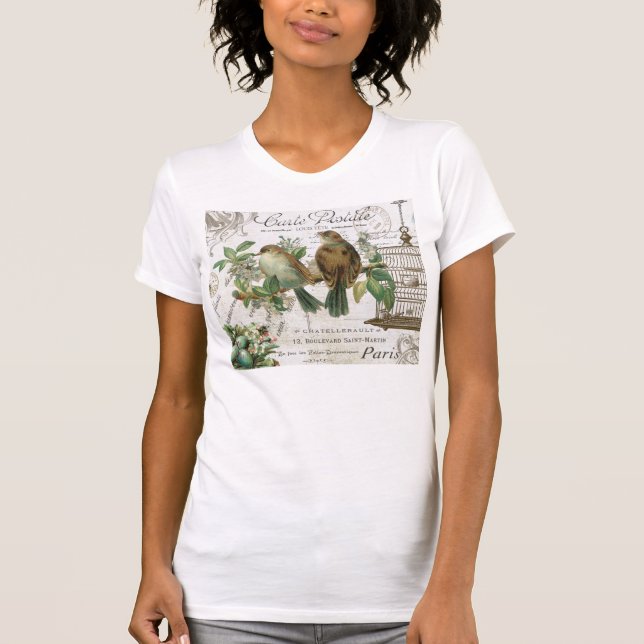 Modern Vintage French birds and birdcage T-Shirt (Front)
