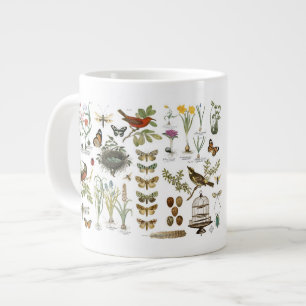 modern vintage french botanical birds and flowers large coffee mug