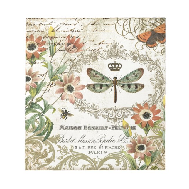 Modern Vintage French Dragonfly Notepad (Front)