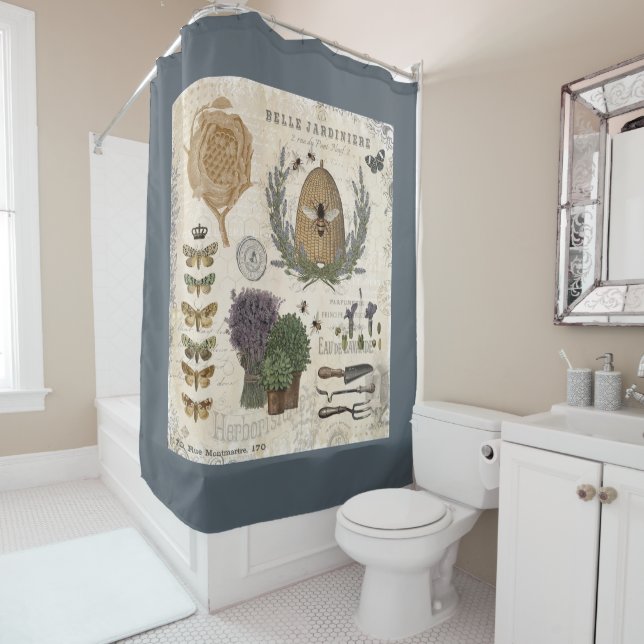Modern vintage french farmhouse bee shower curtain (In Situ)