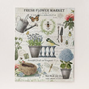 Modern Vintage french farmhouse flower garden Jigsaw Puzzle