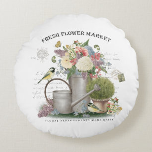 Modern Vintage french farmhouse flower garden Round Cushion