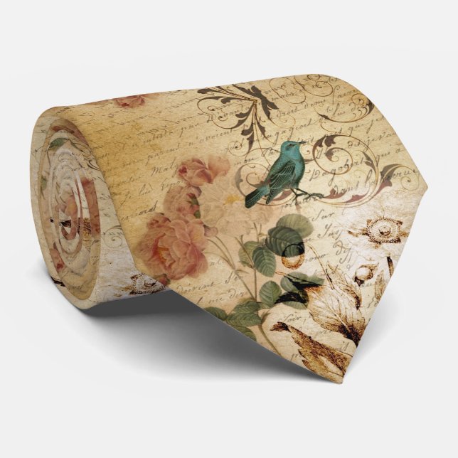 Modern Vintage french  Scripts bird botanical Tie (Rolled)