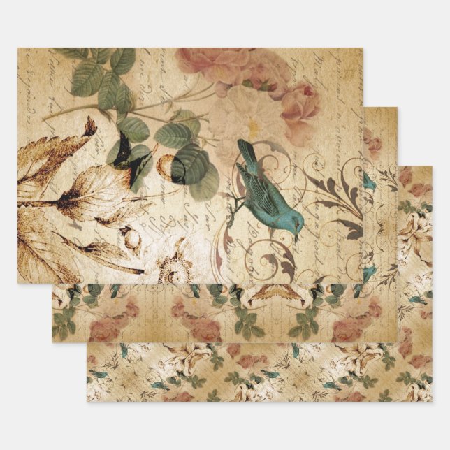 Modern Vintage french  Scripts bird botanical Wrapping Paper Sheet (Set)