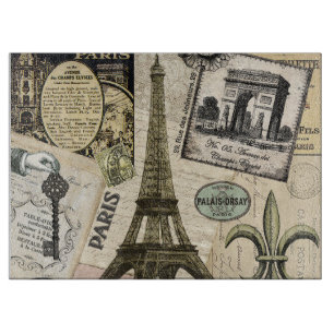 Modern Vintage French travel collage Cutting Board