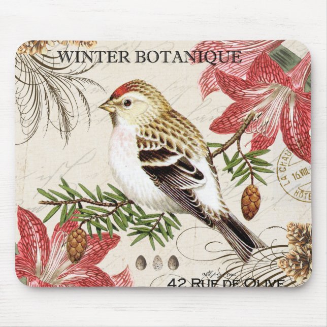 modern vintage french winter bird mouse pad (Front)