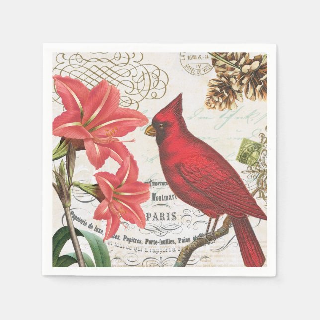 modern vintage french winter cardinal napkin (Front)
