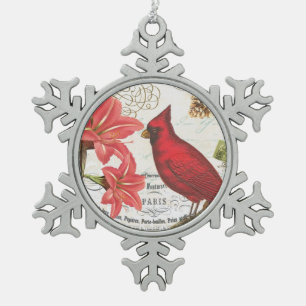 modern vintage french winter cardinal snowflake pewter christmas ornament