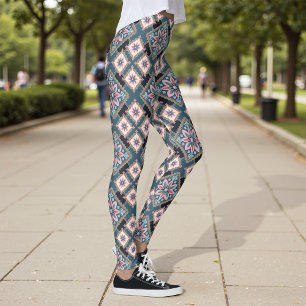 Modern Vintage Geometric Floral Flower Pattern Leggings