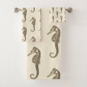 Modern Vintage Gold Brown Seahorse on Beige Cream Bath Towel Set
