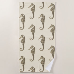 Modern Vintage Gold Brown Seahorse on Beige Cream Beach Towel