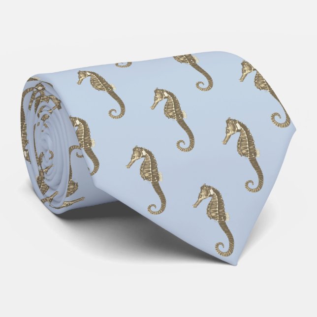 Modern Vintage Gold Brown Seahorse Soft Blue Tie (Rolled)