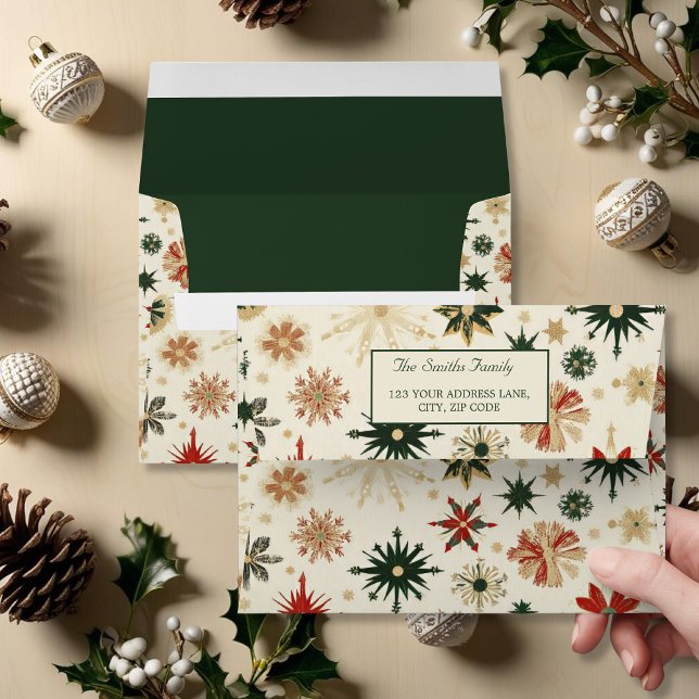 Modern Vintage Gold & Green Christmas Snowflakes  Envelope (Modern Vintage Gold & Green Christmas Snowflakes Envelopex)