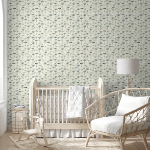 Modern Vintage Green White Mushrooms Wallpaper