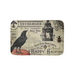 modern vintage Halloween crow and pumpkin Bath Mat