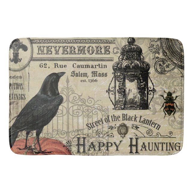 modern vintage Halloween crow and pumpkin Bath Mat (Front)