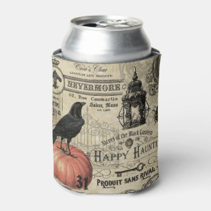 modern vintage Halloween crow and pumpkin Can Cooler