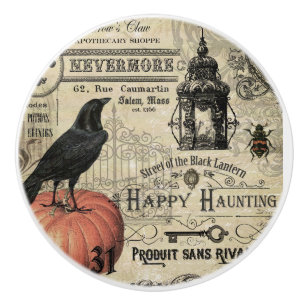 modern vintage Halloween crow and pumpkin Ceramic Knob