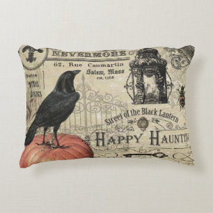 modern vintage Halloween crow and pumpkin Decorative Cushion