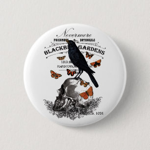 modern vintage halloween crow and skull 6 cm round badge