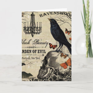 modern vintage halloween crow and skull card