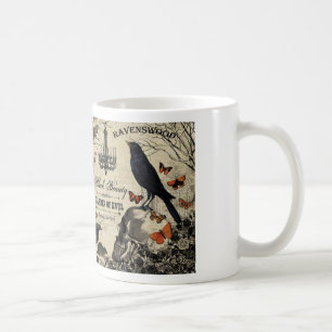 modern vintage halloween crow and skull coffee mug