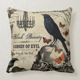 modern vintage halloween crow and skull cushion