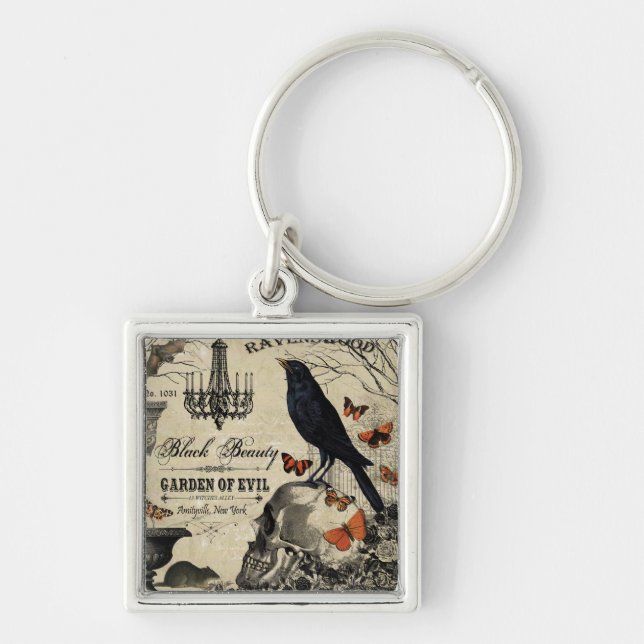 modern vintage halloween crow and skull key ring (Front)