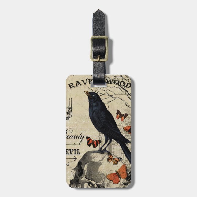modern vintage halloween crow and skull luggage tag (Front Vertical)