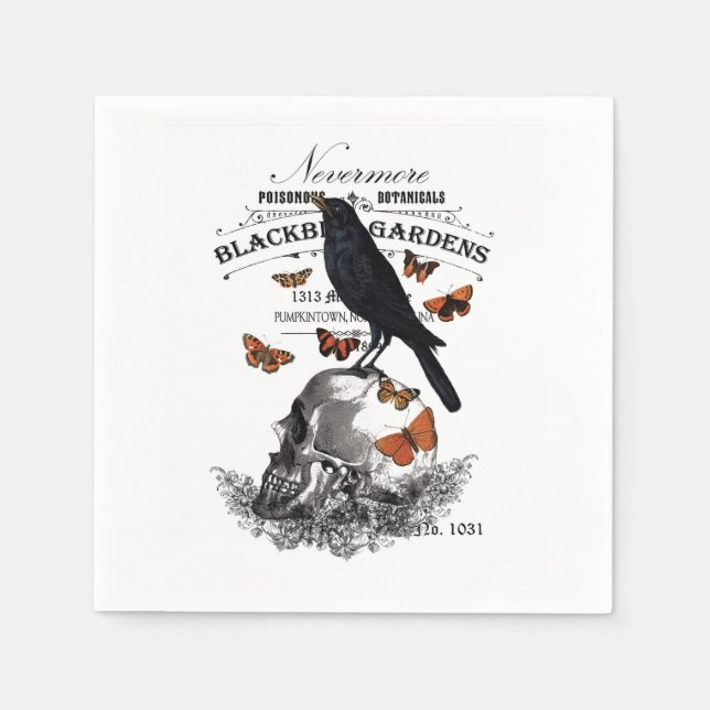modern vintage halloween crow and skull napkin (Front)