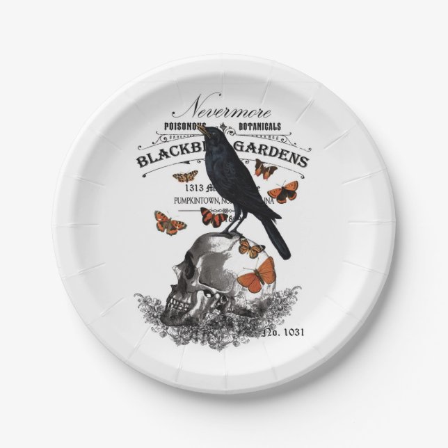 modern vintage halloween crow and skull paper plate (Front)