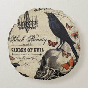 modern vintage halloween crow and skull round cushion