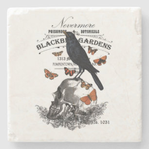 modern vintage halloween crow and skull stone coaster