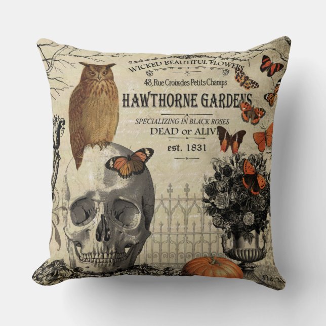 Modern vintage Halloween owl and skull Cushion (Front)