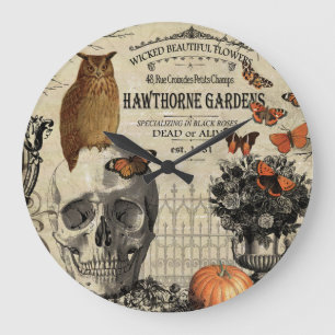 Modern vintage Halloween owl and skull Large Clock
