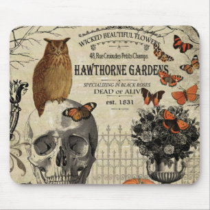 Modern vintage Halloween owl and skull Mouse Pad
