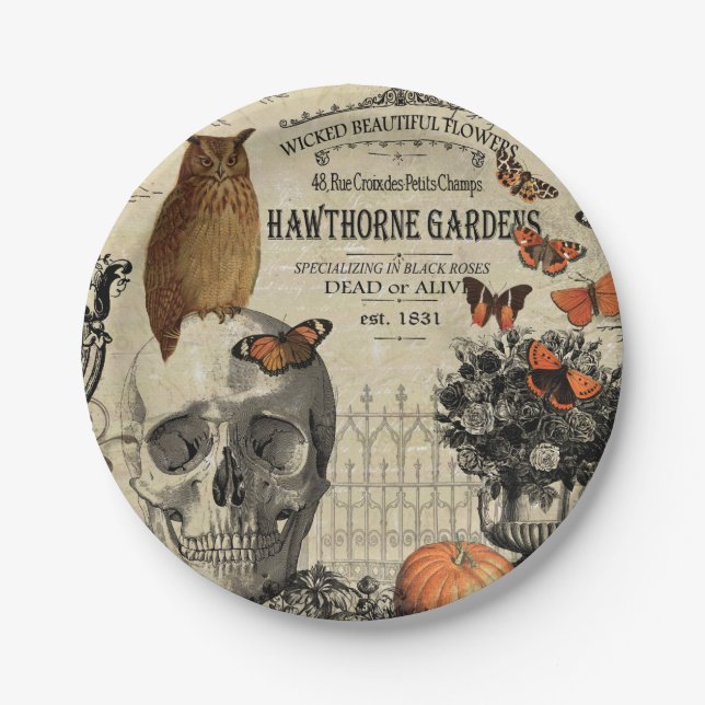 Modern vintage Halloween owl and skull Paper Plate (Front)